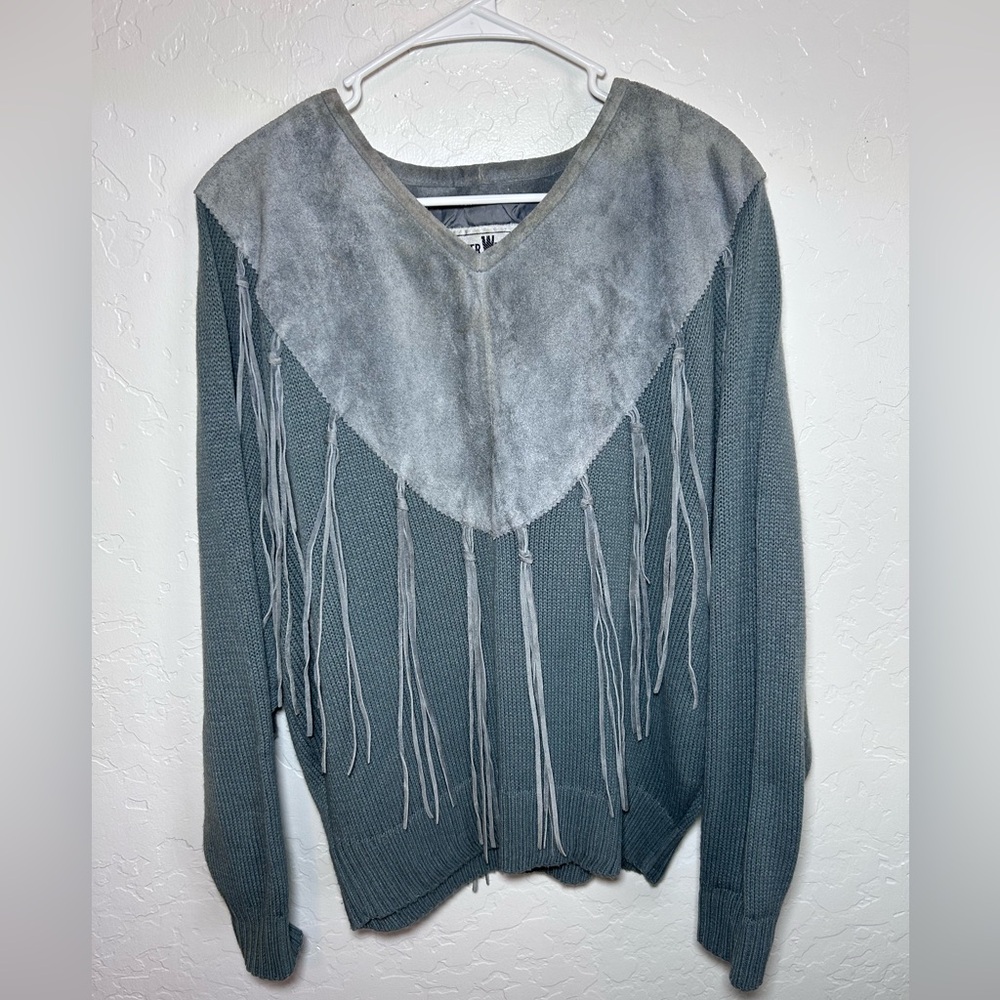 Pioneer Wear Womens Vintage Suede Leather Knit Gray Fringe Sweater Medium